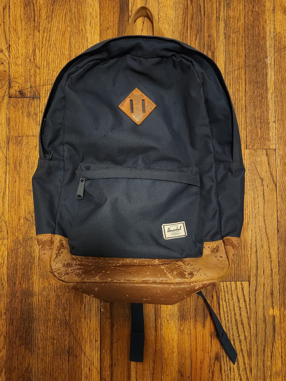 Vintage Herschel Supply Company Navy Backpack with Brown Leather Base and Accent